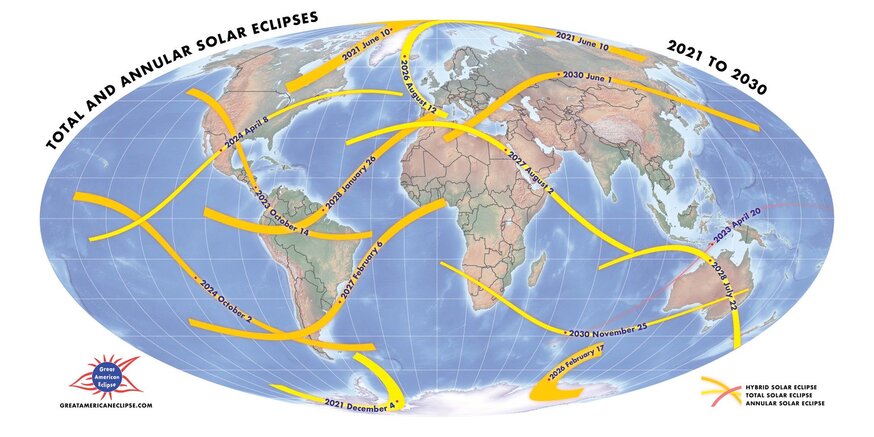 World map containing locations of future total and annular eclipses until 2030.